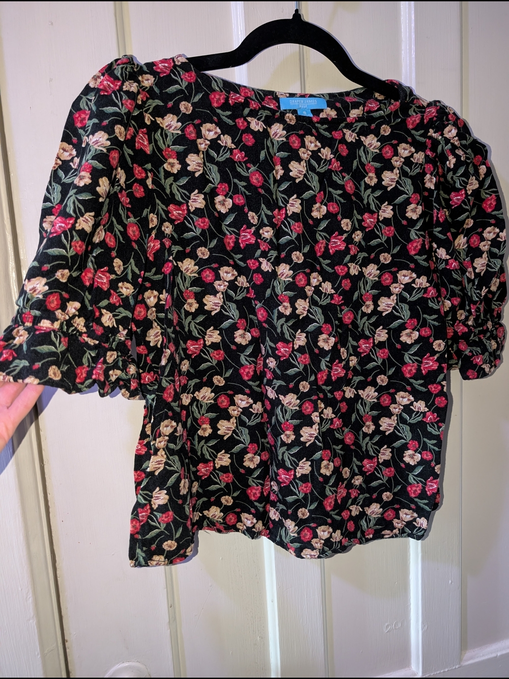 Vintage Black Floral Top with Pink & Cream Blossoms